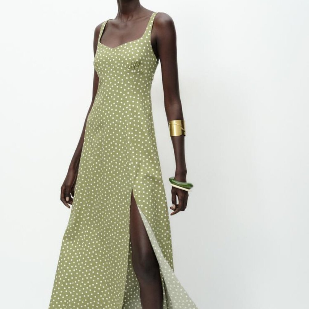 Zara Linen Blend Polka Dot Midi Dress XS Ecru Khaki Front Slit NWT Summer Party - Picture 2 of 14